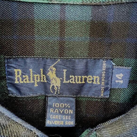 Vintage Ralph Lauren Shirt Dress 14 Tartan Plaid Blue Green Maxi Button FLAWS - Picture 7 of 10